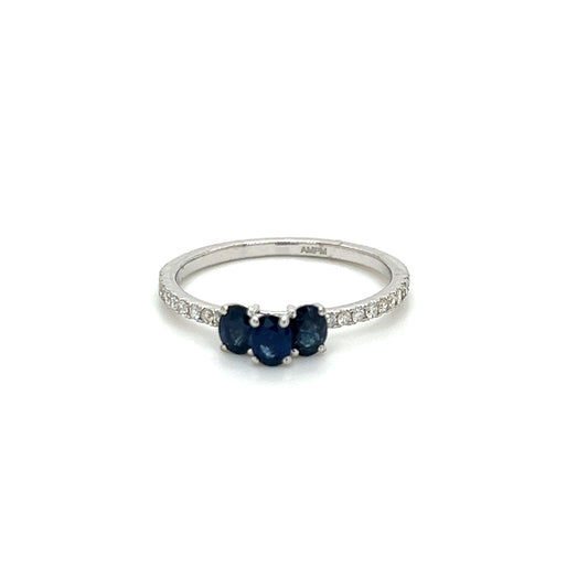 14k Dainty Oval Shape Blue Sapphire & Diamond Ring For Women