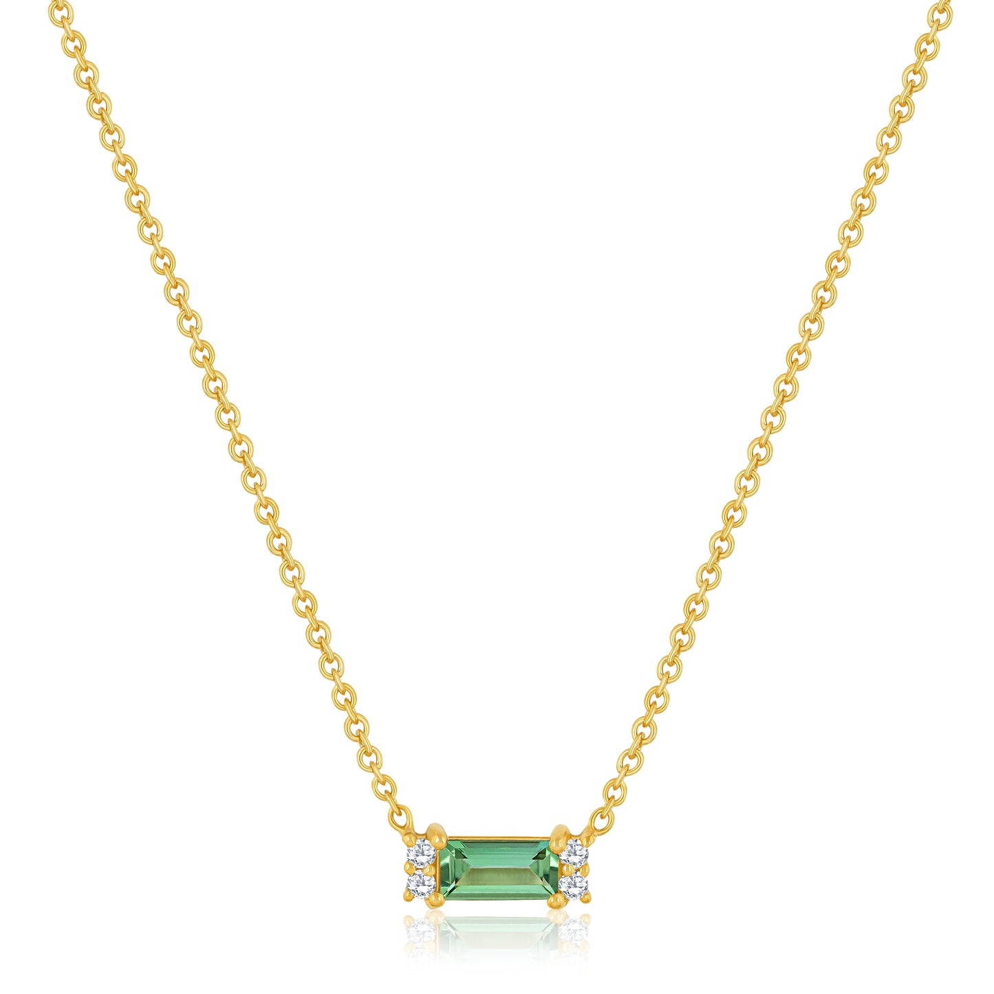 Green Tourmaline Baguette Shape Pendant Necklace With Round Diamonds